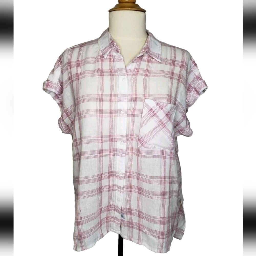 Rails Buttondown Linen Short Sleeve Plaid Top S Coastal Cowgirl Minimalist